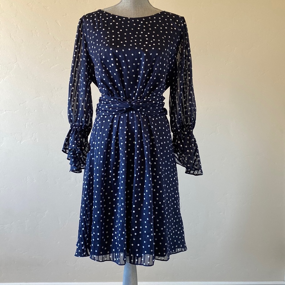 DKNY Lurex Stripe Polka Dot Print Fit & Flare Midi Dress in Blue